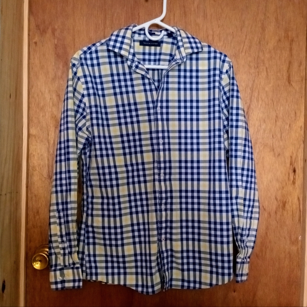 Tommy Hilfiger Blue Yellow Checked Slim Fit Button Down Shirt Size 15 15.5